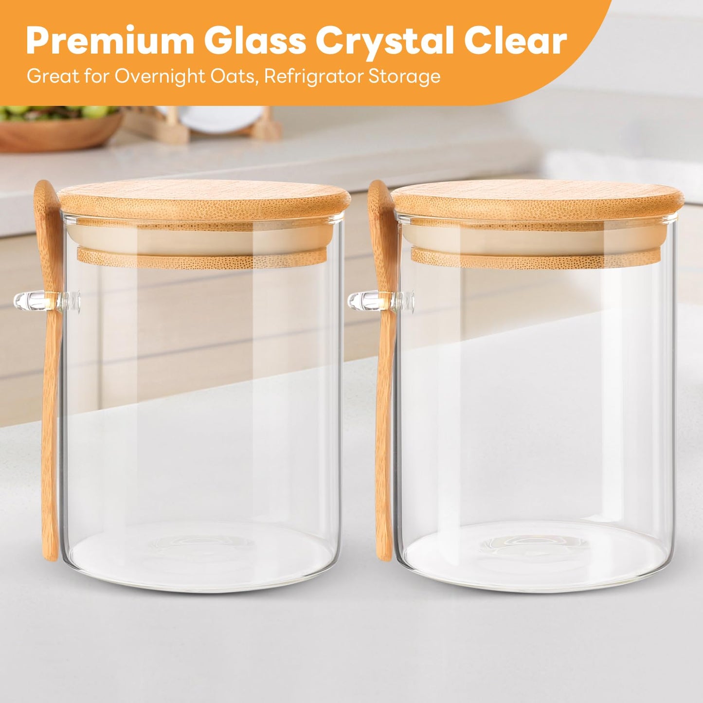 HIGLASTO Glass Food Storage Jars with Bamboo Lids Square, Includes 1 Set of 74oz, 2 Set of 41oz & 27oz Storage Kitchen Canisters Pantry For Cookies Cereal Nuts Coffee Beans (Set of 5)