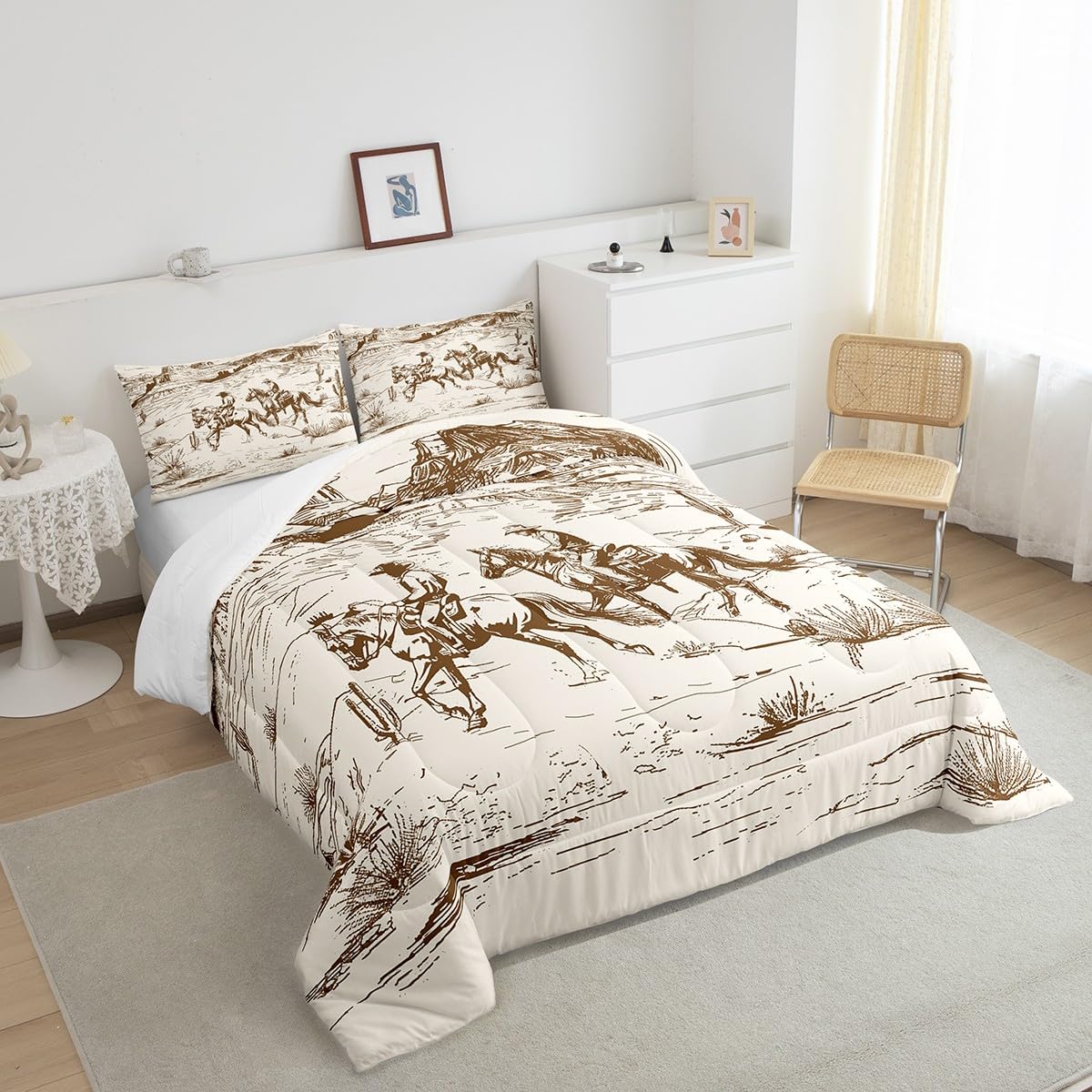 Erosebridal Cowboy Comforter Set Western Bedding Twin Size Wild West American Desert Hand Drawn Illustration Room Decor Down for Teens Boys Adults Men Girls Rustic Farmhouse Duvet Insert