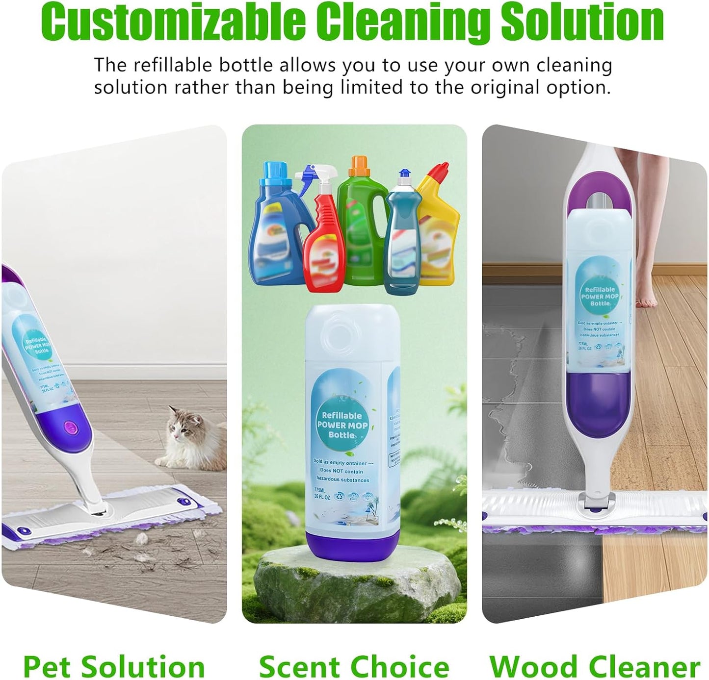 Power Mop Refillable Bottle - 26 FL OZ Leak-Proof HDPE Solution Container with 5 Silicone Gaskets & Funnel