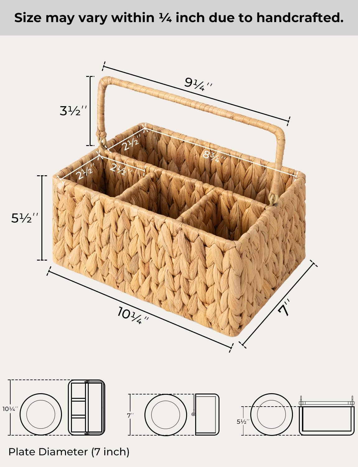StorageWorks Hand-Woven Wicker Silverware Organizer - Stylish Water Hyacinth Cutlery Holder with Handle