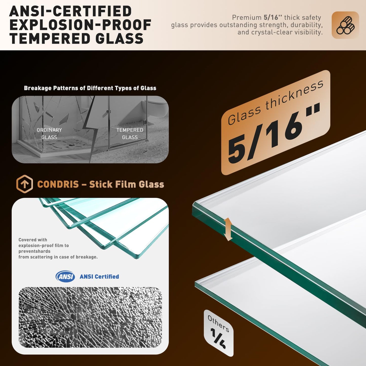 CONDRIS Prime Frameless 60‘’x78’’ Reversible Sliding Shower Door 3/10" (8mm) Thick Tempered Clear Glass with Explosion-Proof Film Nano Coating Stainless Steel Hardware Chromed/Matte Black (Chromed)