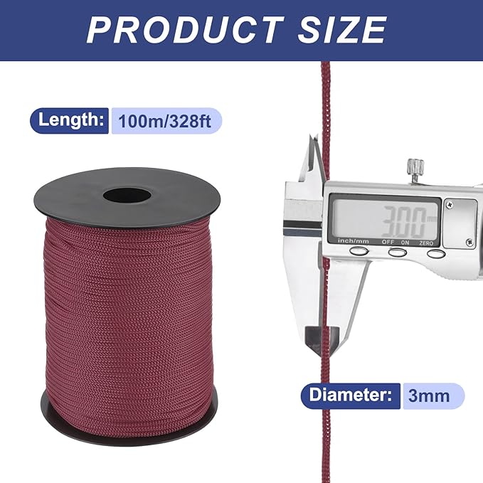 MECCANIXITY 1/8 Inch Polypropylene Rope Braided Ropes, 328ft Nylon Rope Hollow Utility Cord for Clothesline, Camping, Hiking, Outdoor, Brick Red