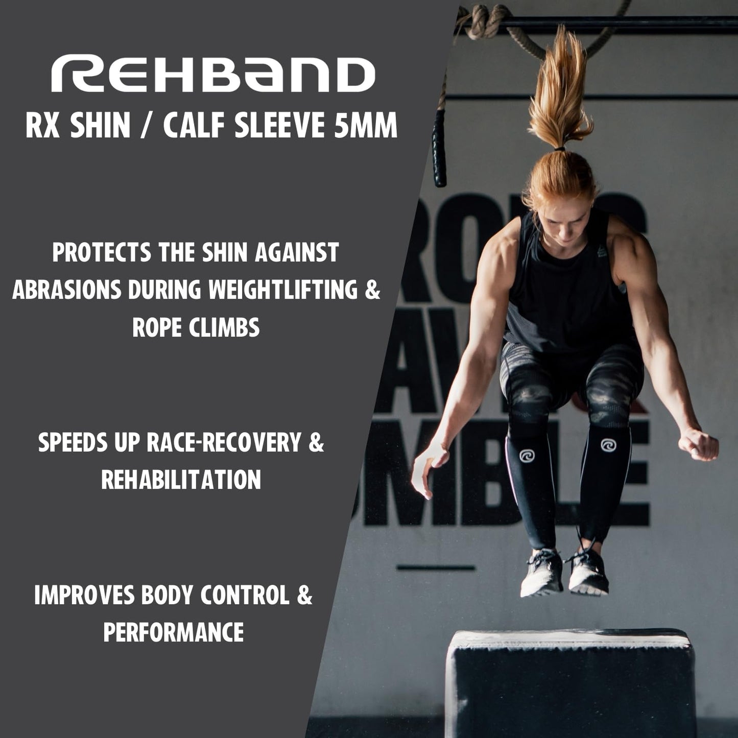 Rehband 5mm Neoprene Shin Calf Sleeve, Compression Support Men & Women for Calf and Shin, Promotes Blood Circulation, Ideal for Strength Training, Colour:Carbon/Black, Size:Large