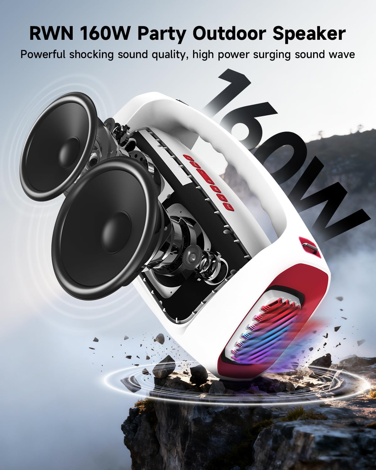 RWN Outdoor Bluetooth Speaker: 160W Loud Sound, IP67 Waterproof with 24H Playtime, Fast Charge, Bass, TWS, Portable Wireless Speakers with Light Show for House, Party, Projector, Beach (RED+White)