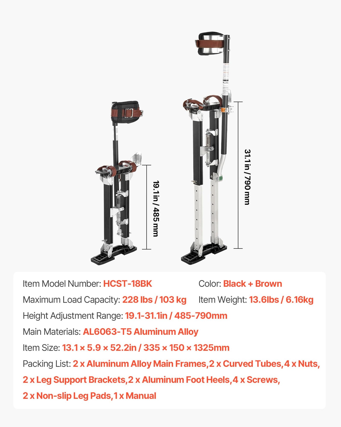 VEVOR Drywall Stilts, 19.1–31.1 in Adjustable Aluminum Painter Stilts, 228 lbs Load Capacity, Non-Slip Rubber Feet, Dual Spring Shock Absorption, Comfortable Leg Straps for Painting, Decoration, Black