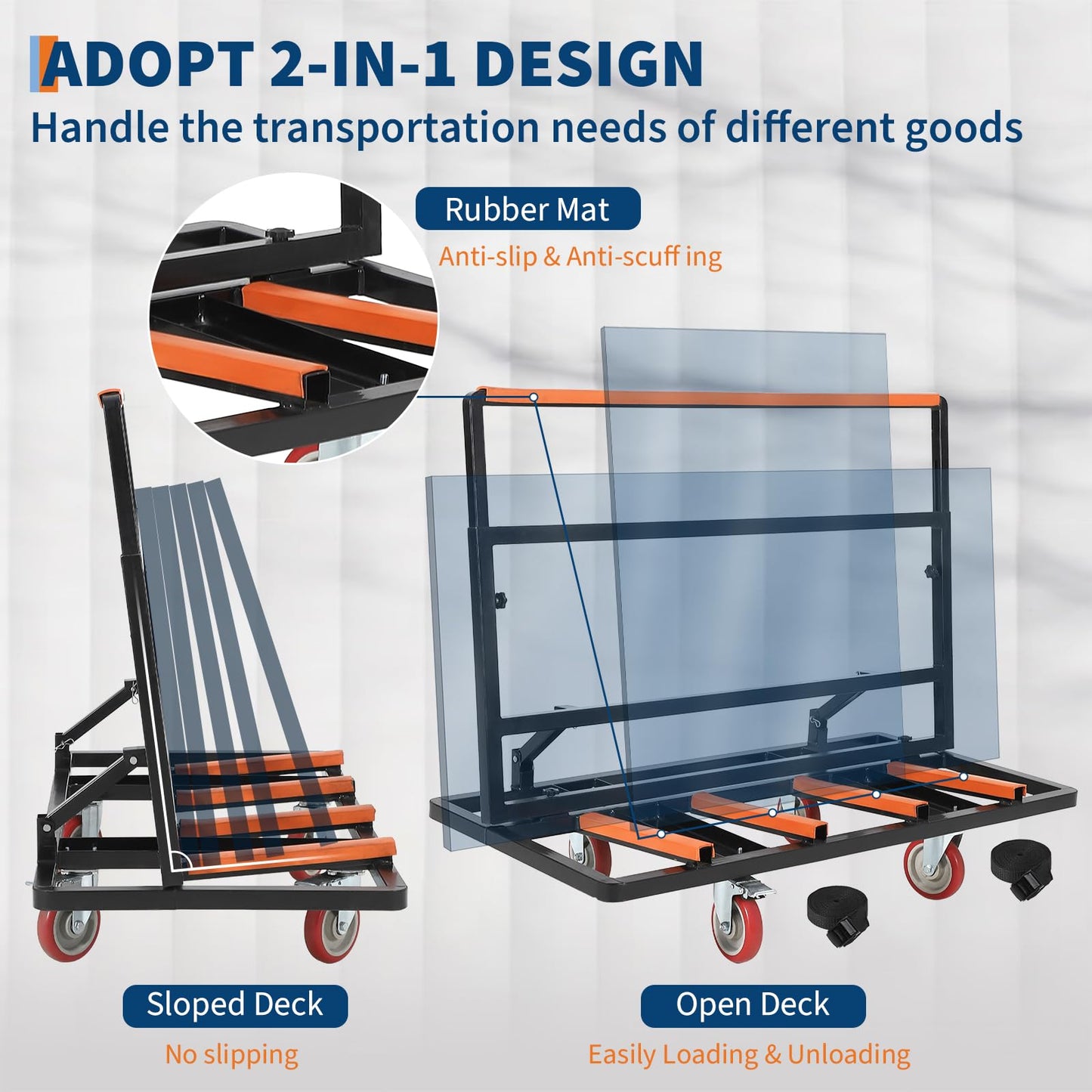 Garvee Folding Drywall Cart Dolly, Plywood Cart w/ 2000 LBS Load Capacity, Steel Panel Dolly with 4 Swivel Casters, Adjustable Handle & Tie-Down Strap for Plywood, Plasterboard, Glass