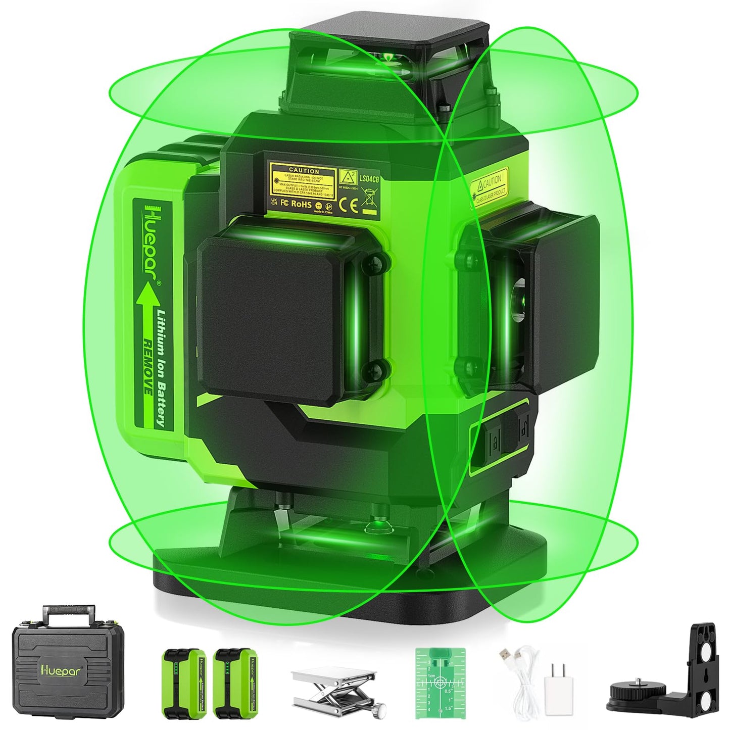 Huepar Laser Level 360 Self Leveling, Rechargeable Green Laser 4x360° Cross Line Lazer Leveler 4D Level Laser Tool for Construction with Two Li-ion Batteries, Magnetic Bracket &Hard Carry Case -LS04CG