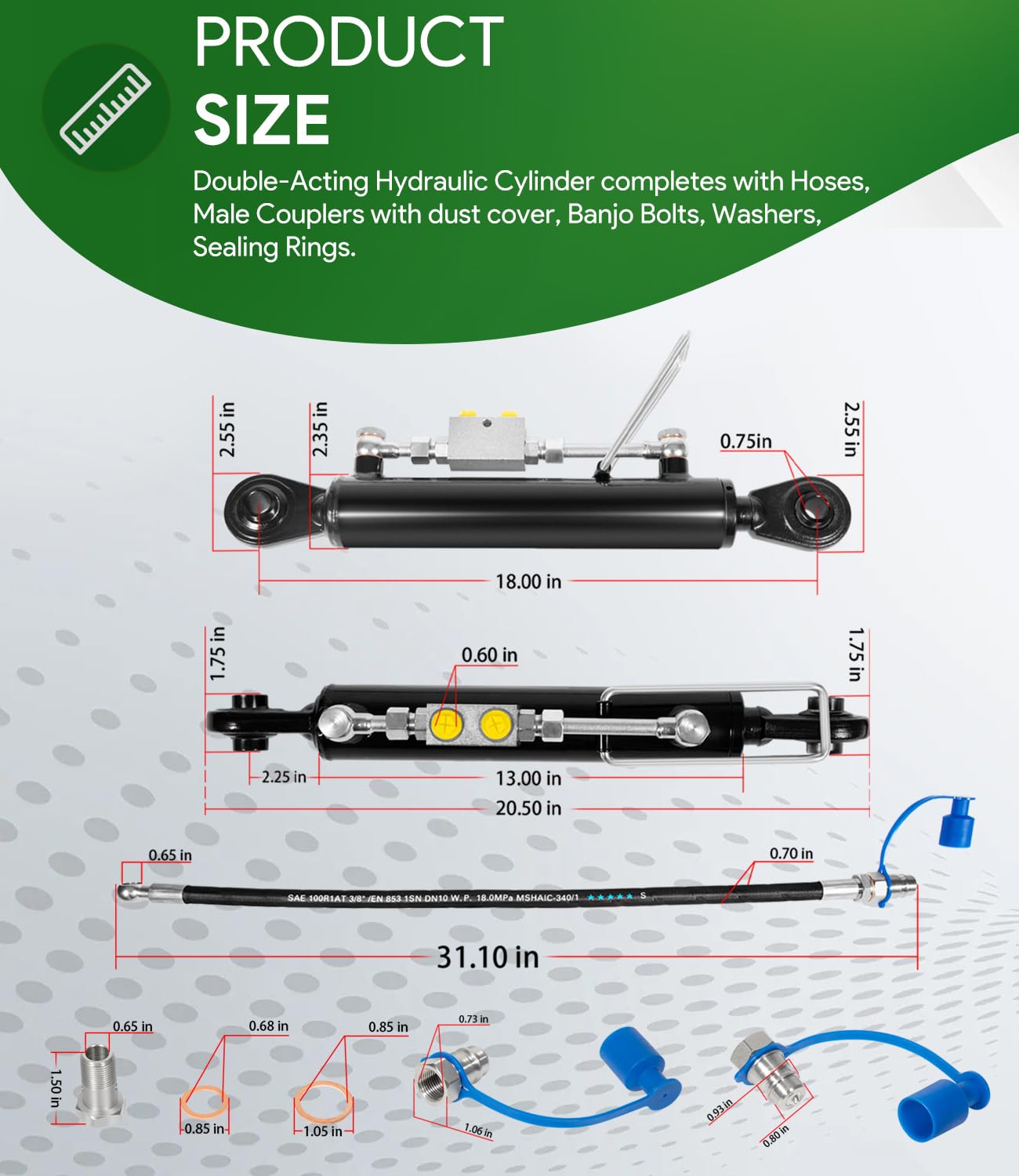 Hydraulic Top Link Cat. 1-1 (18 1/8” - 26 3/8”, 3/4" Hole) with Locking Block with 2 x Hose, SPH320032 2-Way Check Valve Hydraulic Cylinder for Tractor Excavators and Class 1& 2 Equipment