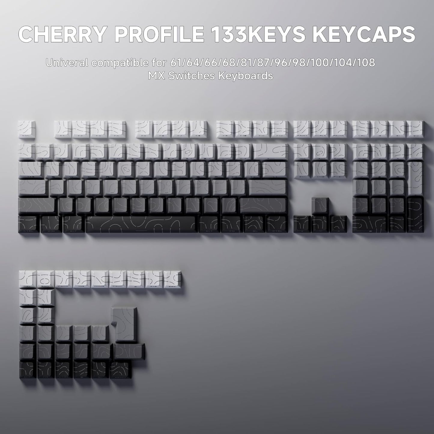 FunHub Set 133 60% 65% 75% 100% Shine Through PBT Keycaps - Black Double Shot Side Printed Backlit Keycaps Keys Cherry