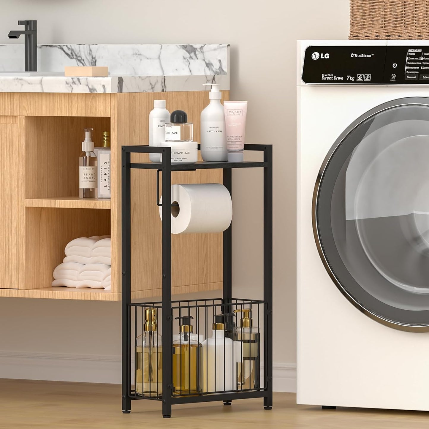 Skiennix Freestanding Toilet Paper Holder - Stylish Bathroom Tissue Stand with Storage Shelf for Phone & Magazines