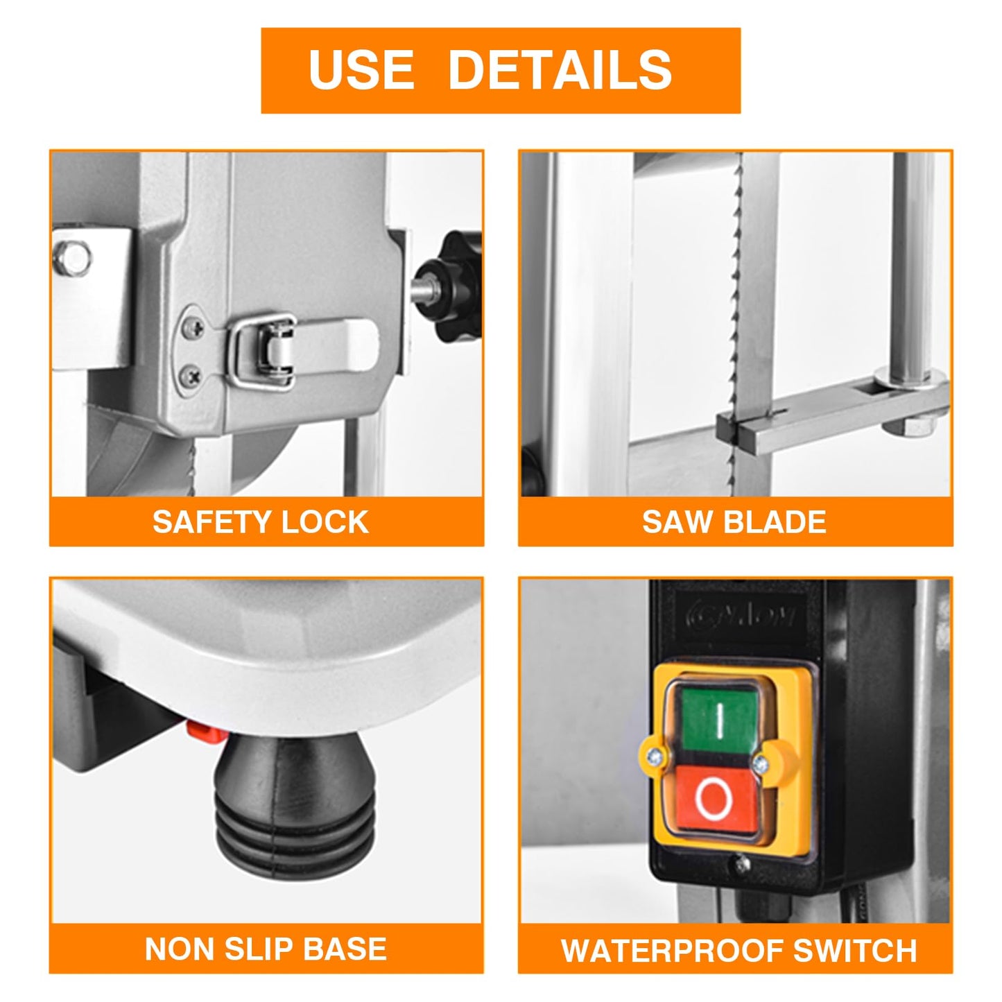 1100W Commercial Electric Meat Bandsaw 110V Electric Bone Saw Machine, Thickness Range 0.16-7.1 Inch, Table Sawing for Cutting Rib, Frozen Meat with 5 Saw Blades and 18.8" x 14.9" Workbench