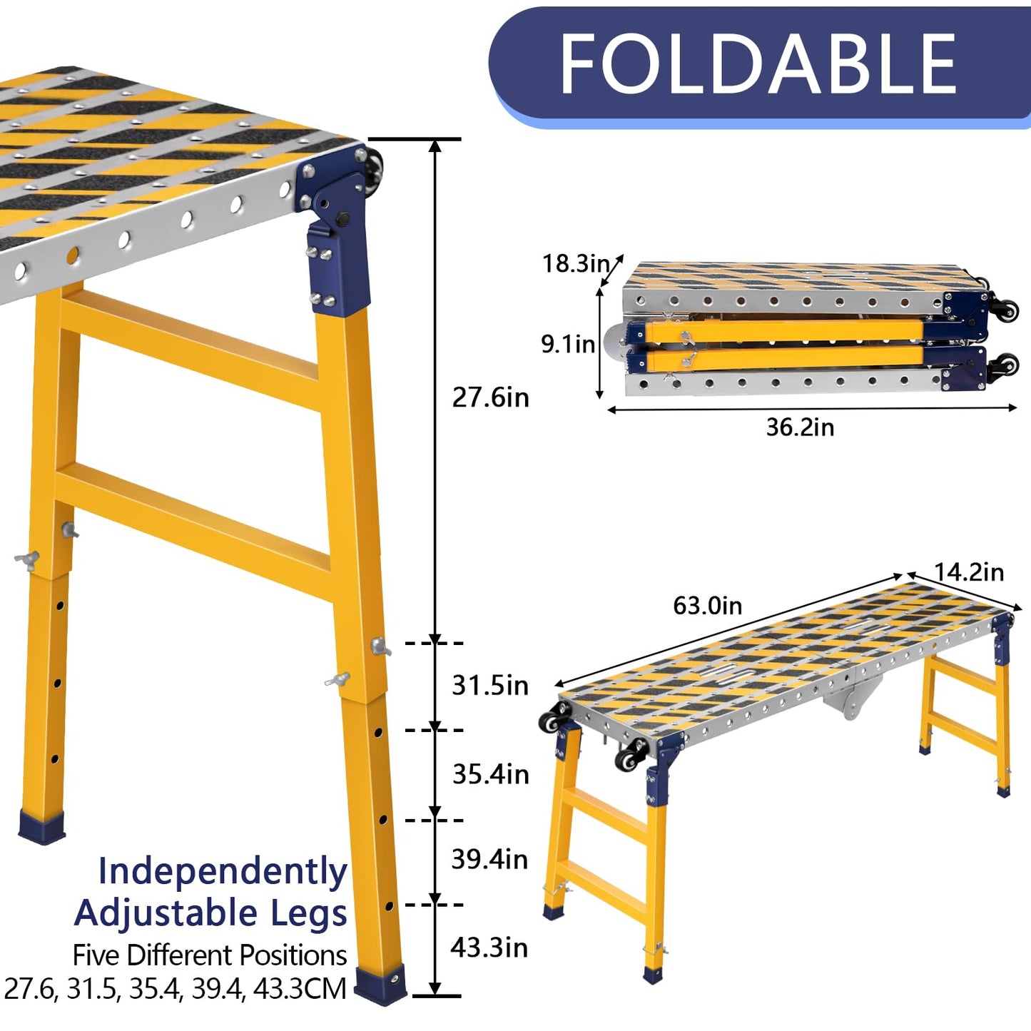 Versatile Portable Steel Work Bench with 4 Wheels, 63'' × 14.2'' Foldable Welding Table with Height Adjustment, Heavy Duty Steel Construction Galvanized Tabletop Workbench with 1102 LBS