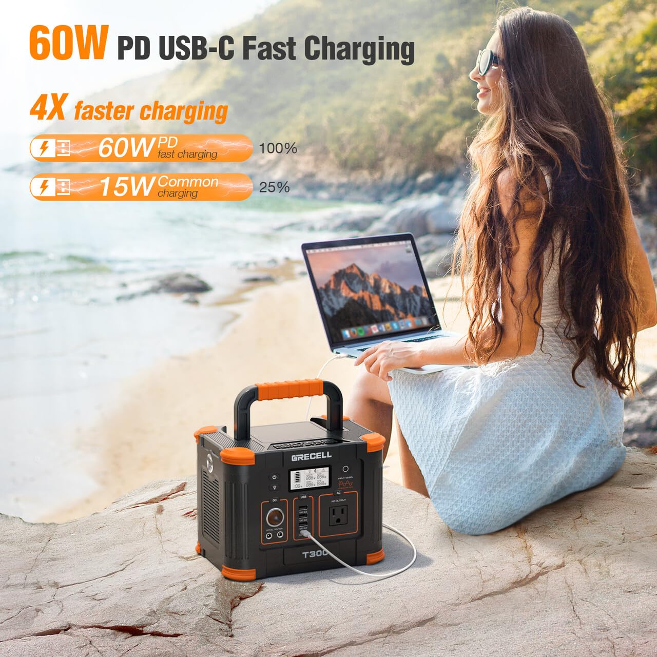 GRECELL Portable Power Station 300W (Peak 600W),GRECELL 288Wh Solar Generator with 60W USB-C PD Output, 110V Pure Sine Wave AC Outlet Backup Lithium Battery for Outdoors Camping Travel RVs