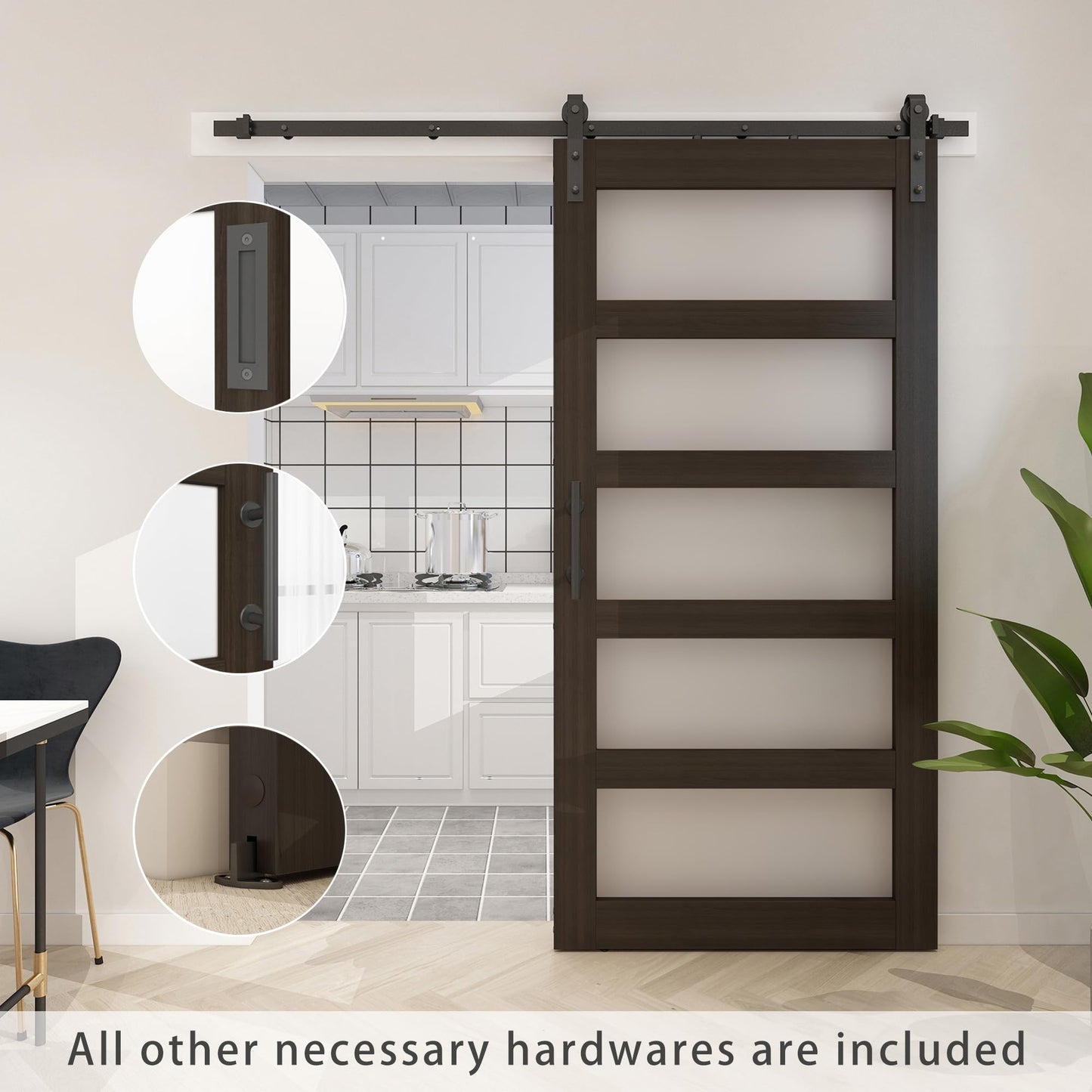 BARNSMITH 36in x 84in Glass Barn Door with 6.6FT Sliding Door Hardware Kit Included & Handle,5-Panel Frosted Glass Solid Wood Slab with Water-Proof PVC Surface,Pre-Drilled Easy Assembly,Brown