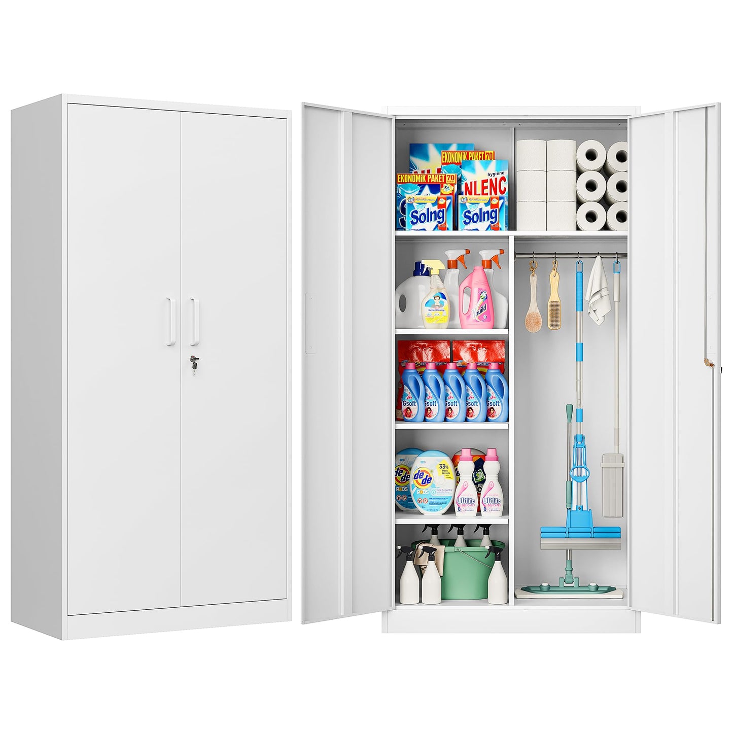 Wide & Deep Metal Storage Cabinet with Hanging Rod,White Broom Closet Storage Cabinet with Lock,72" Tall Wardrobe Cabinets with Doors and Shelves,Locking Steel Tool Cabinets for Home,Office,Garage