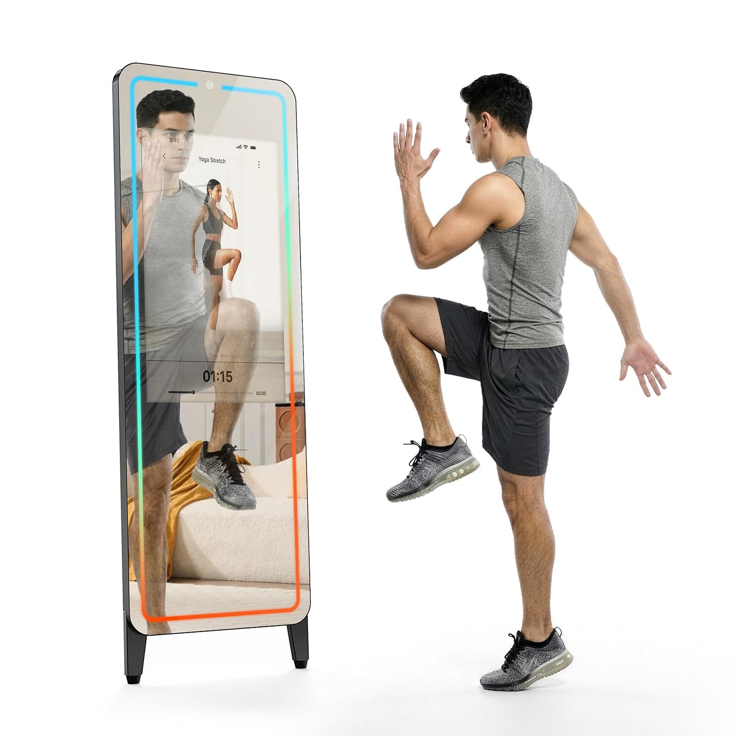 Smart Gym Mirror for Home Workouts, 32" HD Touchscreen with Android OS, 63" Full-Length Mirror, No Subscription Required, Fitness App Support, Voice Control & Music Sync LED Light Strip