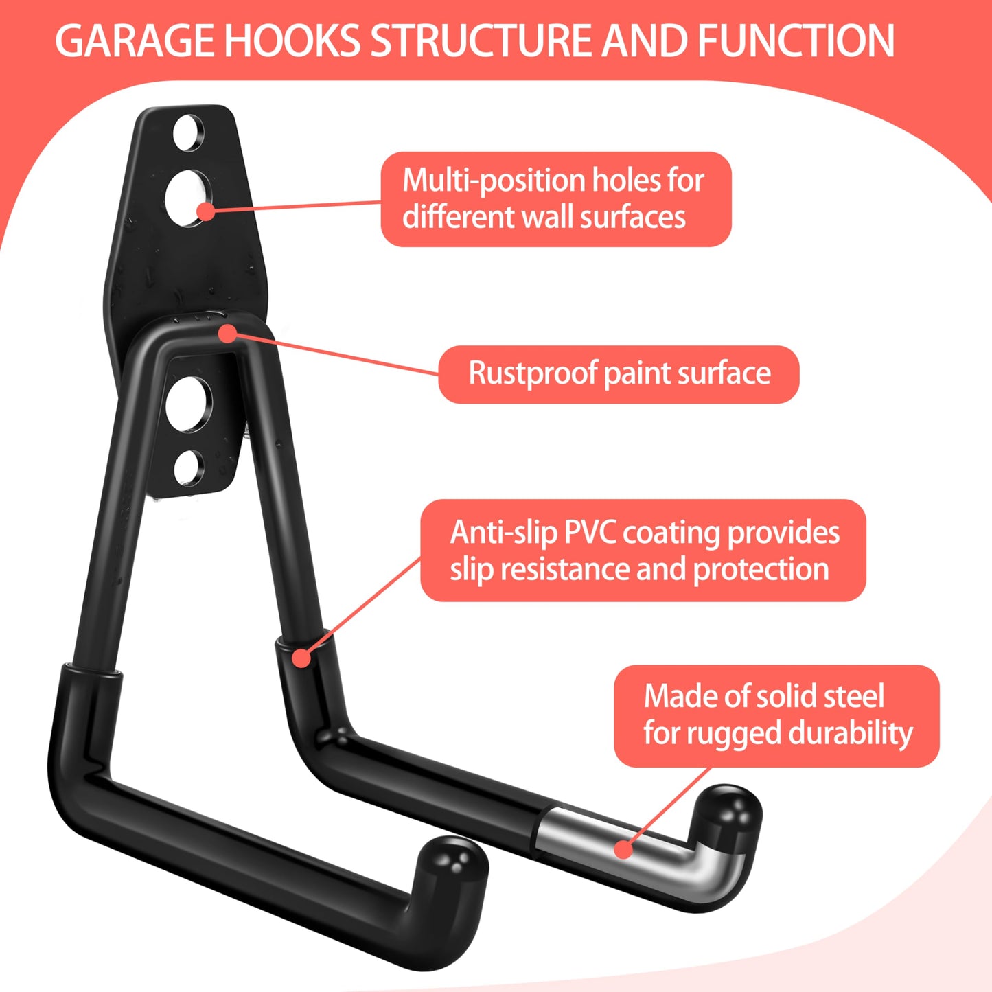Kodreat 18 Pack Garage Hooks Heavy Duty - Anti-Slip Coating， Garage Storage Hooks for Hanging Bike，Ladder，Garden Tools，Hose