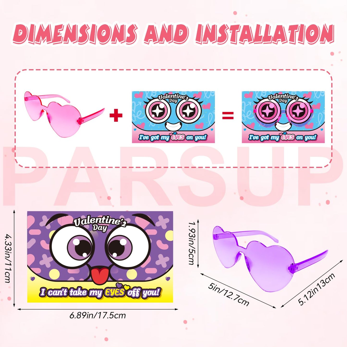 PARSUP 28 Pcs Valentine's Day Greeting Cards with Heart Shape Glasses - Plastic Eyeglass Case Filler Toys Party Favor Supplies Gfit Bag Stuffer for Valentines Day Classroom Exchange Gifts