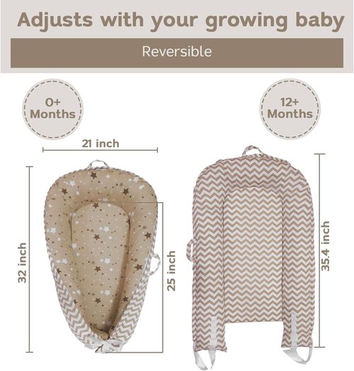 Aila+Aiden Baby Lounger - Organic Cotton Infant Lounger | Reversible & Portable Floor Lounger | Soft Washable Cover - Star Collection (Tan)