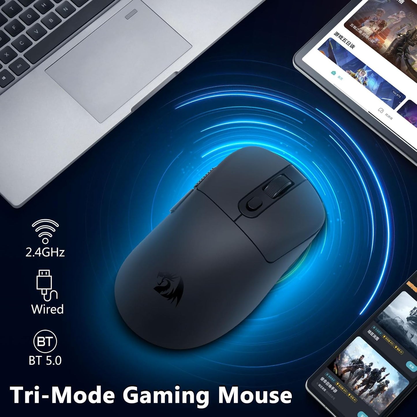 Redragon 58g 12,000 2.4G/Bluetooth/USB-C, PAW3311 75Hr 6 Programmable Wireless Gaming Mouse, Lightweight, DPI, Tri-Mode