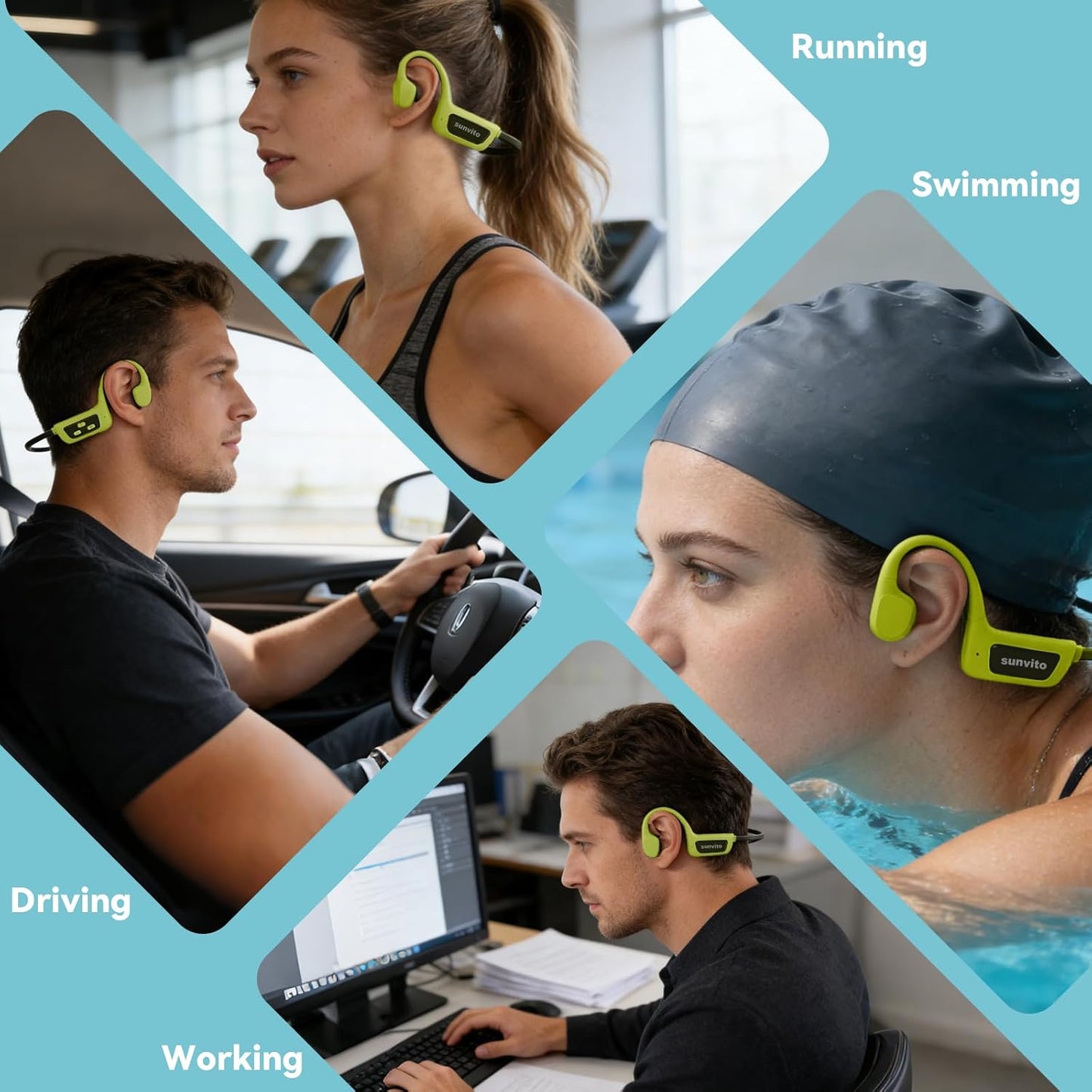 Swimming IPX8 MP3 5.4 Swimming, sunvito Bone Conduction Headphones, Waterproof Open-Ear Sports Headphones with Built