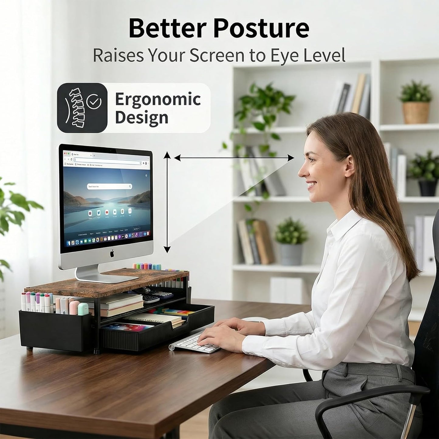 2-Tier 2 ECOLOVI Desk Organizer and Accessories, Computer Monitor Stand Rise with Storage Drawer & Pen Holders, Laptop
