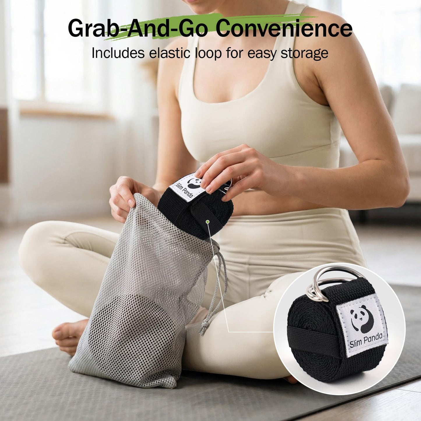 Slim Panda Yoga Strap for Stretching,Cotton Yoga Strap with Adjustable D-Ring Buckle,Non-Elastic Yoga Belt for Pilates,Gym Workouts,Physical Therapy,Improve Flexibility