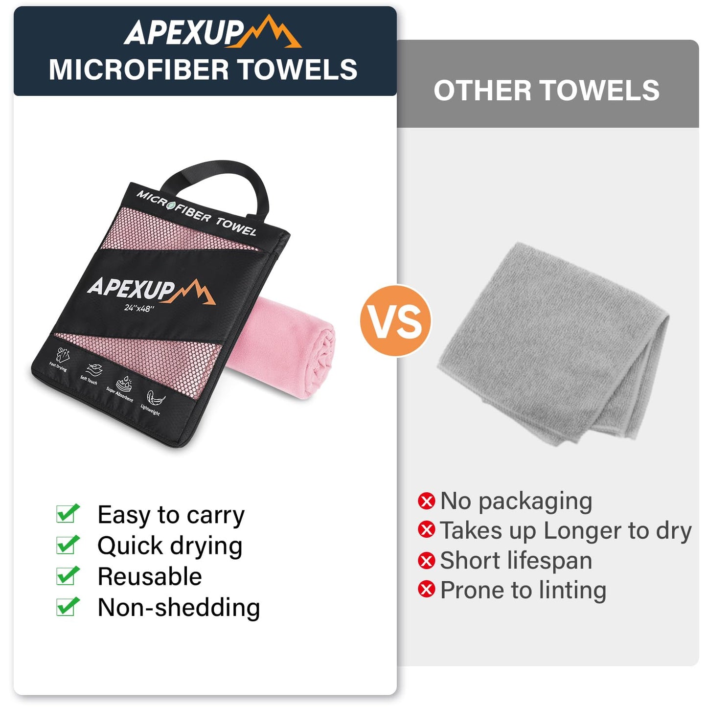 APEXUP Microfiber Travel Towel, Ultra Absorbent Quick Dry Towels, Lightweight Gym Sports Camping Towel for Workout, Yoga, Beach, Shower, Swimming (24"×12", Pale Rose)