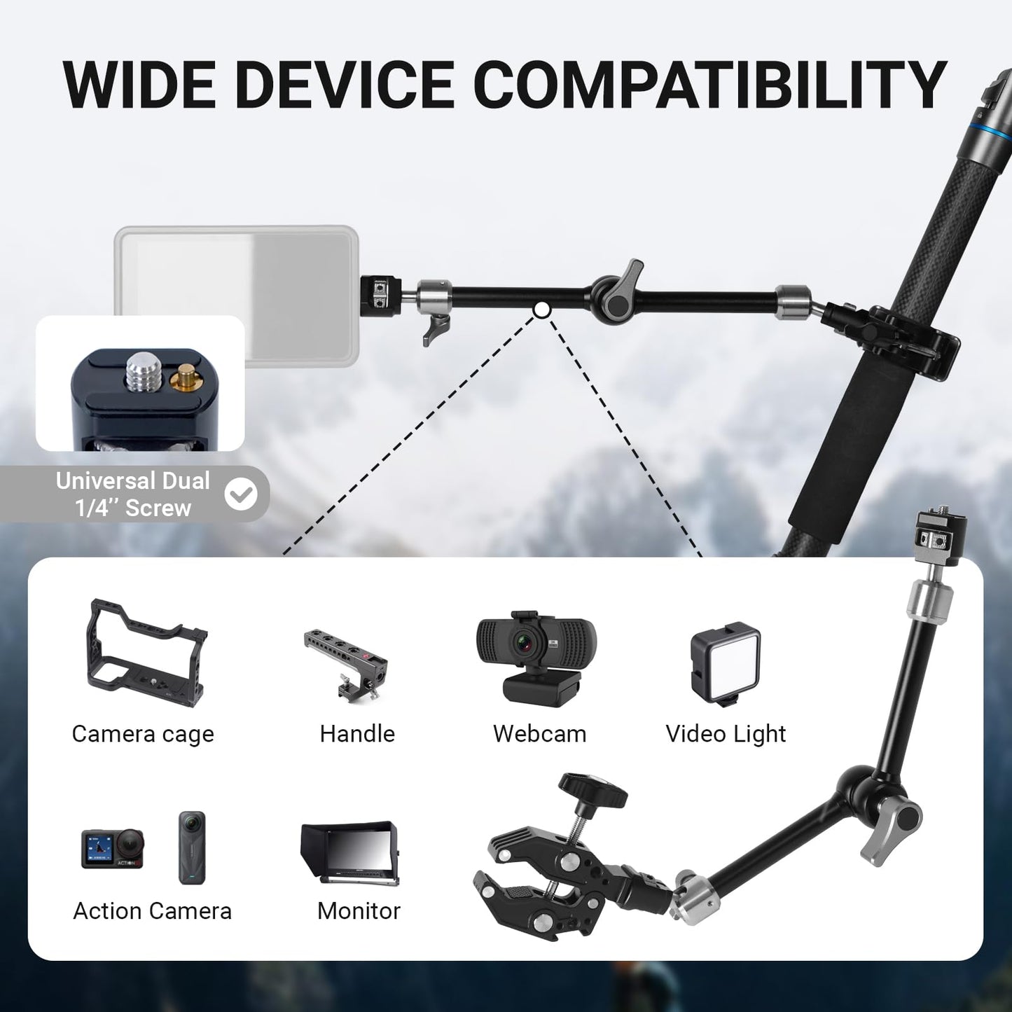 Heavy-Duty Articulating Magic Arm Mount with Super Clamp, 360° Dual Ball Head & 1/4" ARRI Locating Pin&Holes, Camera Monitor Mount for Action Camera Video LED Light (11" Magic Arm w/Clamp)