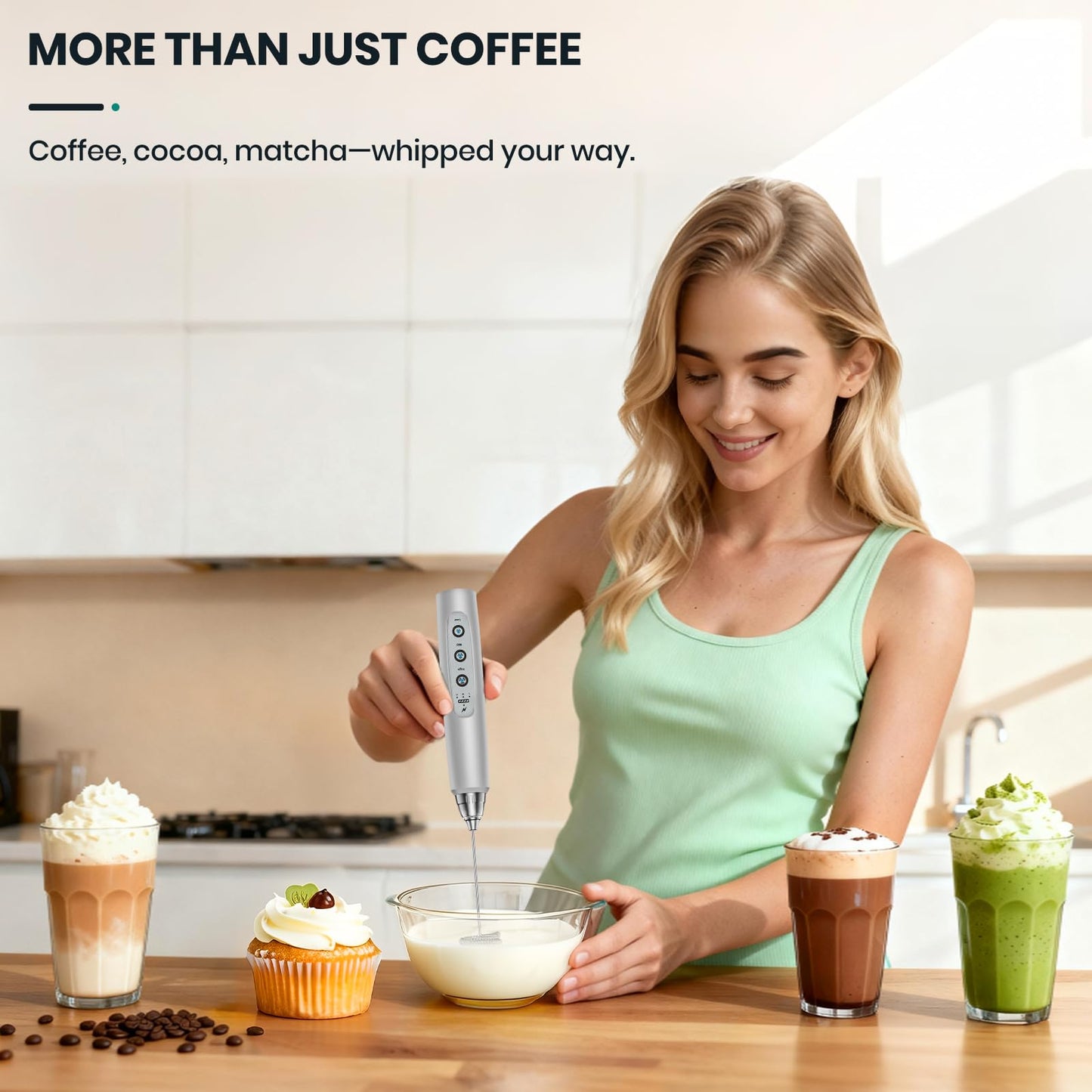 Colarlemo Milk Frother Handheld Rechargeable, Frother Wand Drink Mixer Electric Whisk for Coffee, Detachable With 3 Stainless Whisks, Hand Mixer for Lattes, Cappuccino, Matcha, Egg, No Stand, Silver