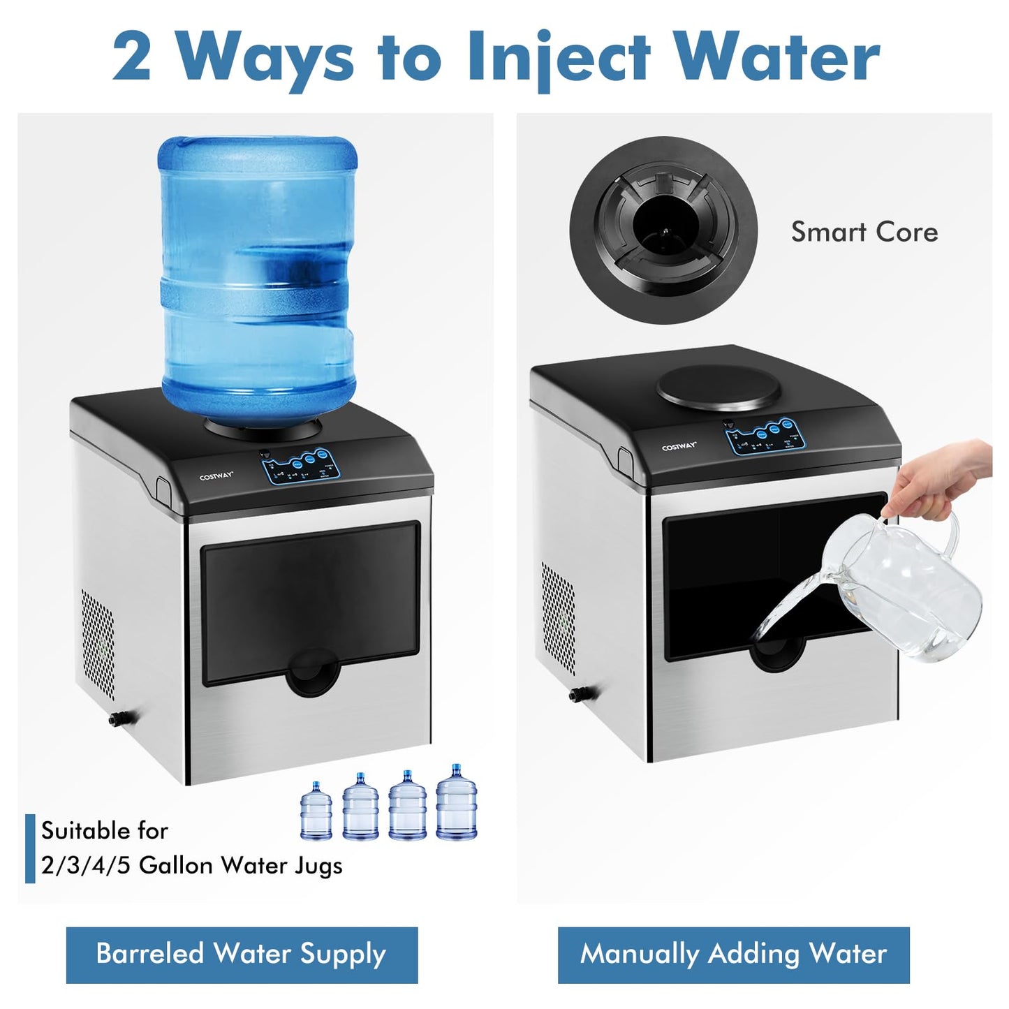 COSTWAY Countertop Ice Maker with Water Dispenser, 3 Sizes Bullet Shaped Ice, 48lbs/Day, Fast Ready in 6 Minutes, Ice Machine with Cold Water for Home Bar Kitchen Office