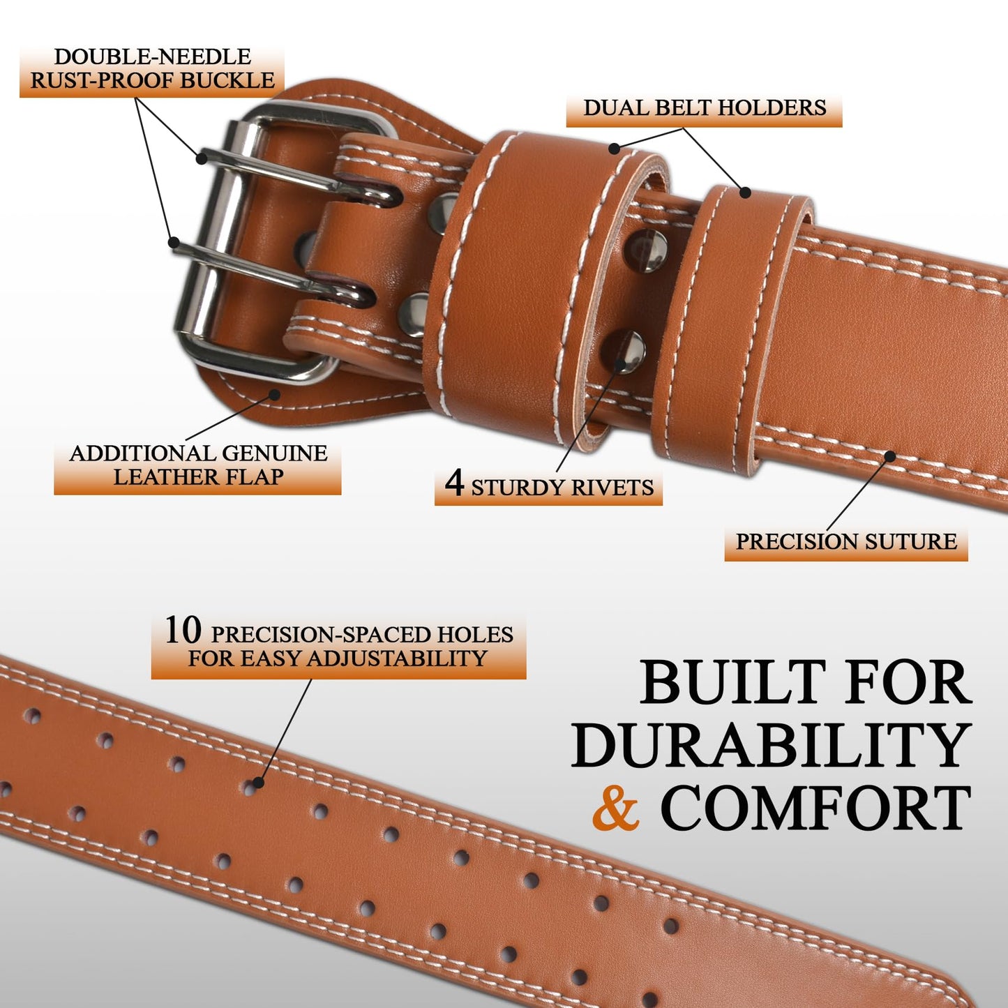 10 Adjustable Holes Leather Weightlifting Belt, 4”& 6”Width, Double Prong Power Belt for Gym Bodybuilding, weightlifting, powerlifting, squats and deadlifts