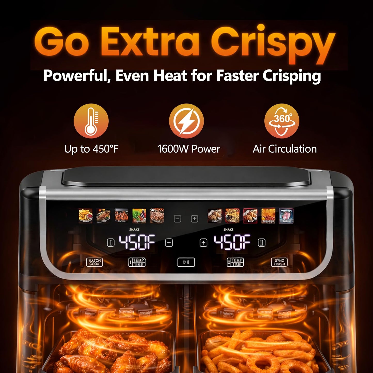 Simple Deluxe 9.5-Qt Dual Basket Air Fryer, 10-in-1 Digital Preset 1700W Airfryer, Sync Cook, Independent Temp Control, Shake Reminder, Nonstick Basket, Black