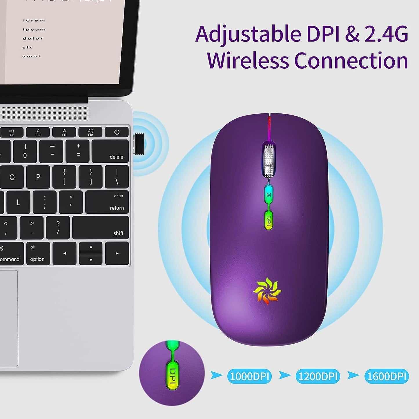KBCASE 2.4G Wireless Mouse, LED Wireless Mouse for Laptop, Slim Silent Mouse Rechargeable Wireless Computer Mouse