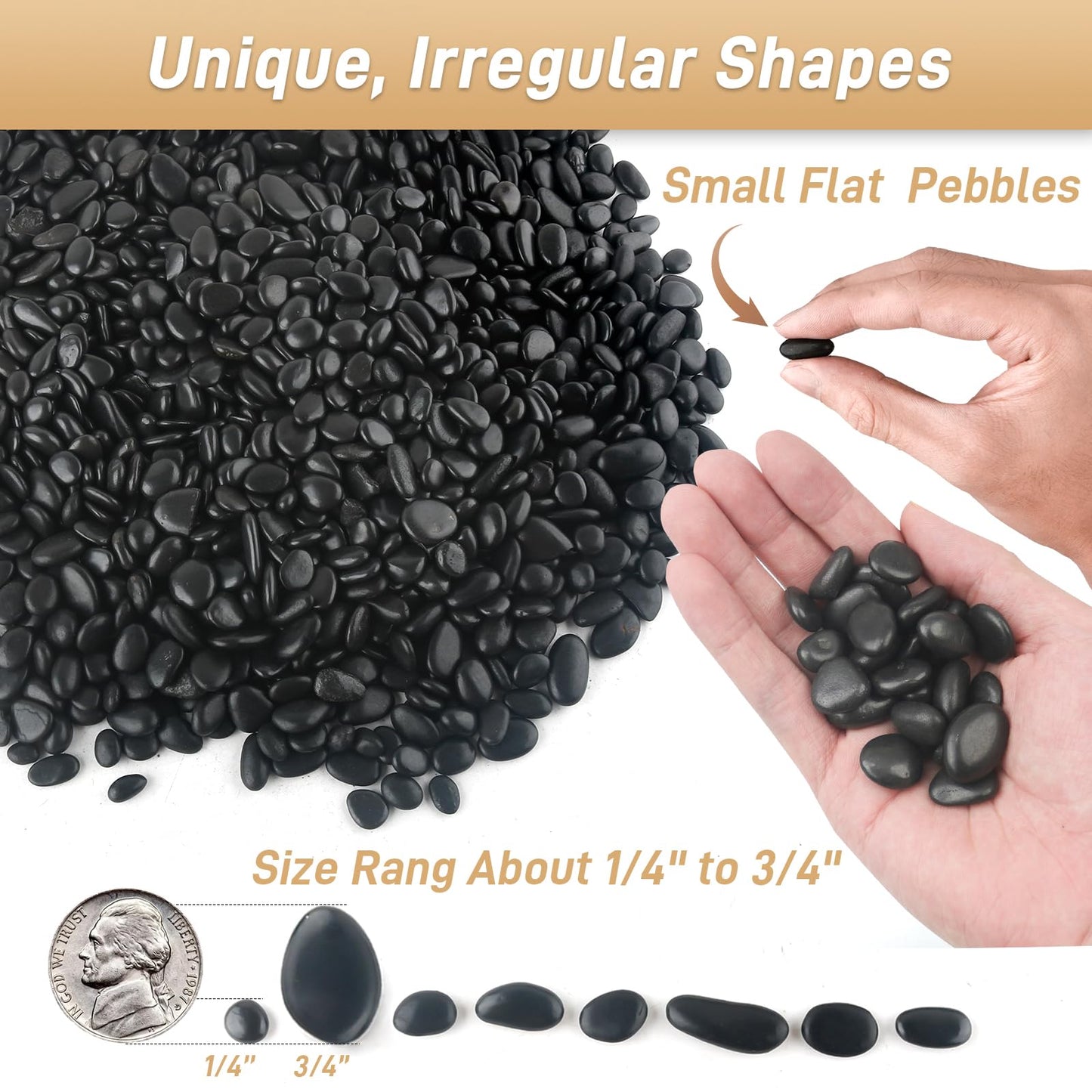 Mulctun 45LB Polished Black Pebbles,1/4" - 3/4" Small Black River Rocks for Landscaping, Natural Gravel Smooth Decorative Stones Dressing for Vases Planters Garden Outdoor Indoor