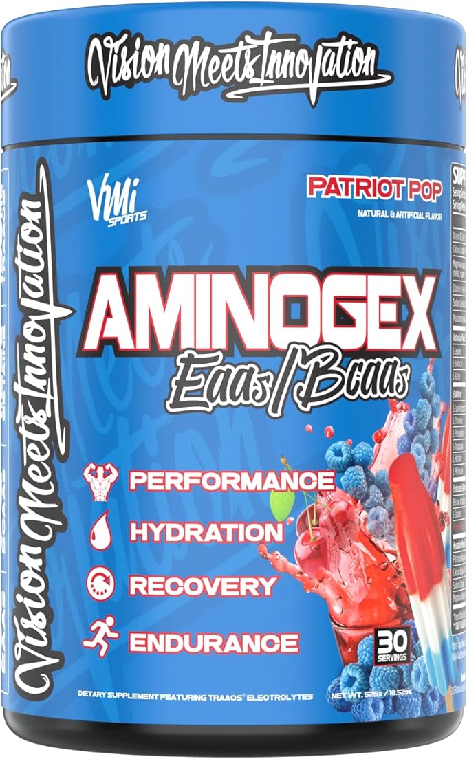 VMI Sports Aminogex Ultra | BCAA Powder | Amino Acids + Betaine and Glutamine | Amino Acid Post Workout Recovery Drink | Intra Workout Drink with Electrolytes | (30 Servings) (Patriot Pop)
