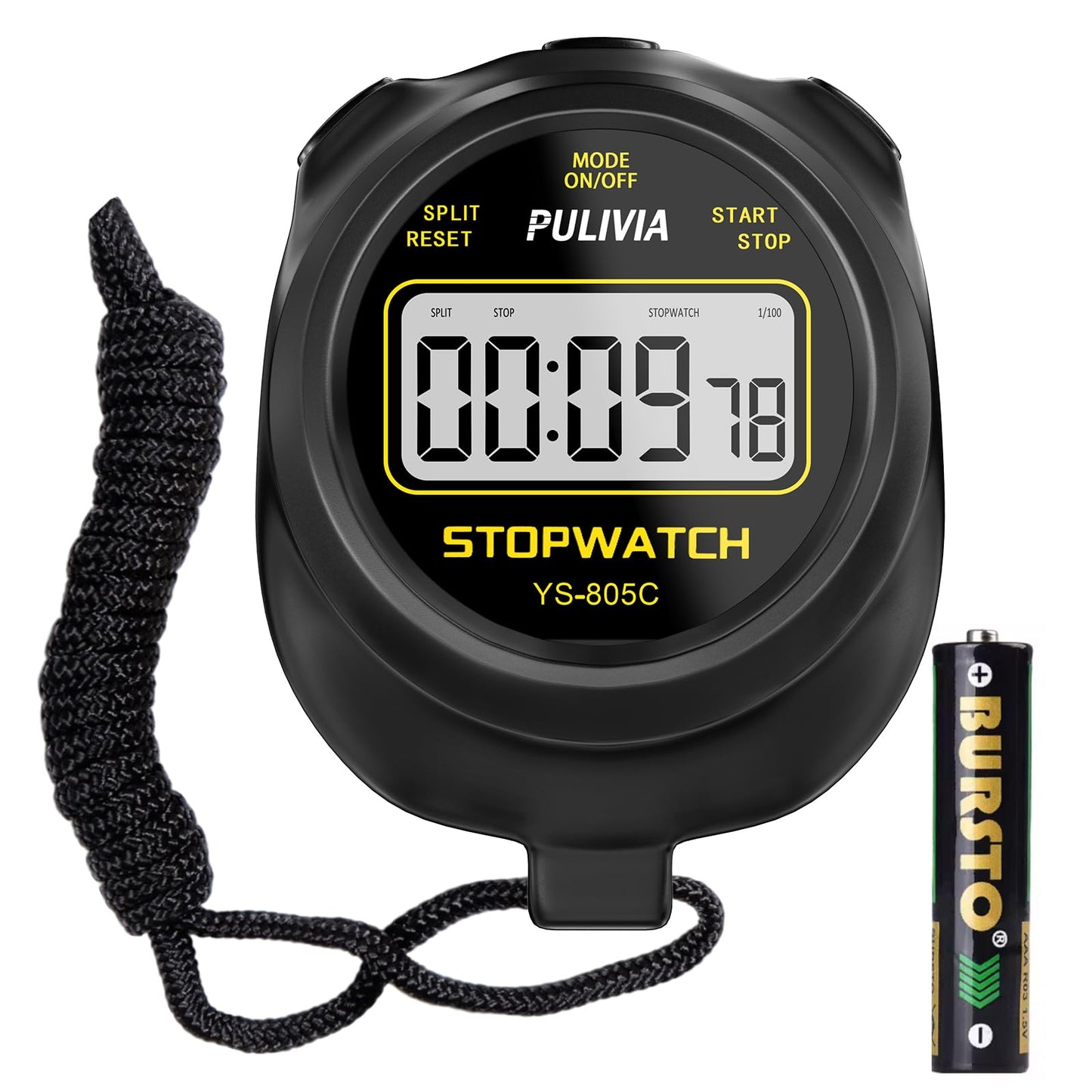 PULIVIA Stopwatch Timer with Countdown, Simple Operation Digital Stop Watch for Sports, Countdown-Alarm Button-Sound, AAA Battery Included (Black)