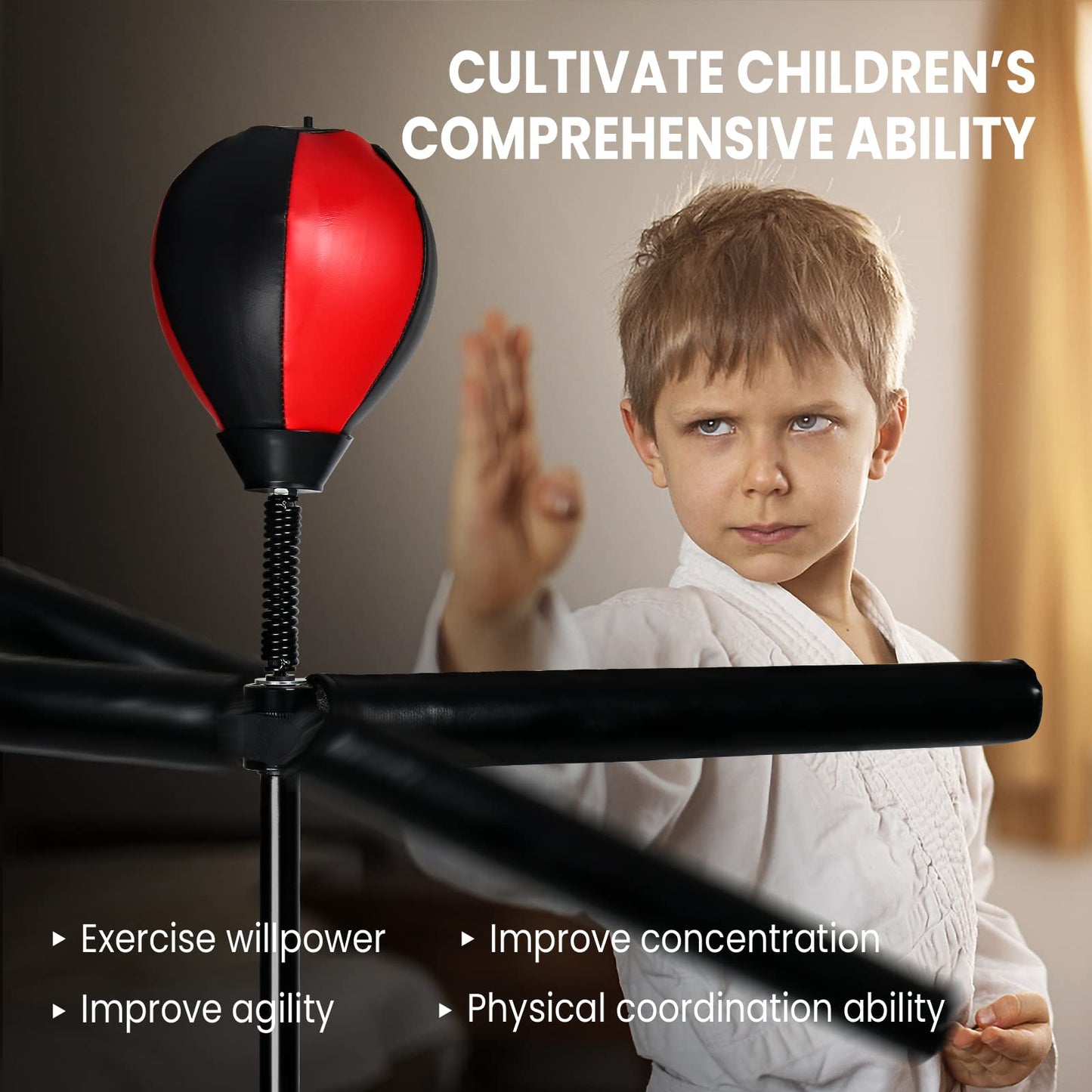 INNOLIFE Boxing Bar with Punching Bag for Kids, Adjustable Height Boxing Spinning Bar, Boxing Speed Trainer Free Standing Reflex Punching Ball Boxing Equipment for 6-12 Years