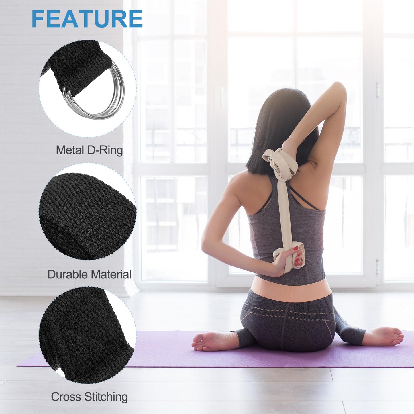 PATIKIL Yoga Strap for Stretching 6 Feet, 6Pcs Cotton Yoga Belt with Adjustable Metal D-Ring Buckle Stretch Bands for Fitness Pilates, Black/Drak Grey/Light Grey/Khaki/Sky Blue/Yellow