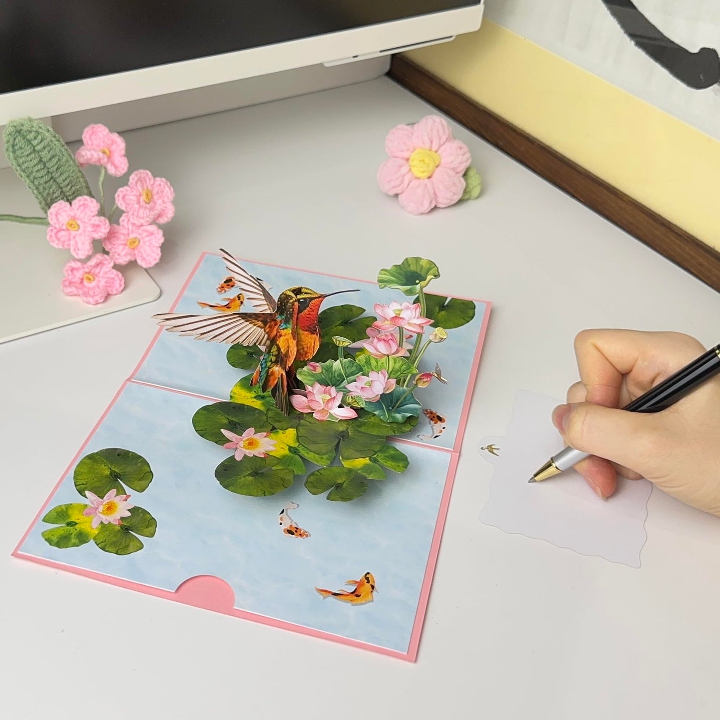 Pop Up Birthday Cards for Women, Hummingbird 3D Birthday Card, Beautiful Hummingbird and Lotus with Koi Fish Design, Pop Up Cards All Occasion for Mother, Mom, Her, Granmother and Daughter, Mothers Day Card