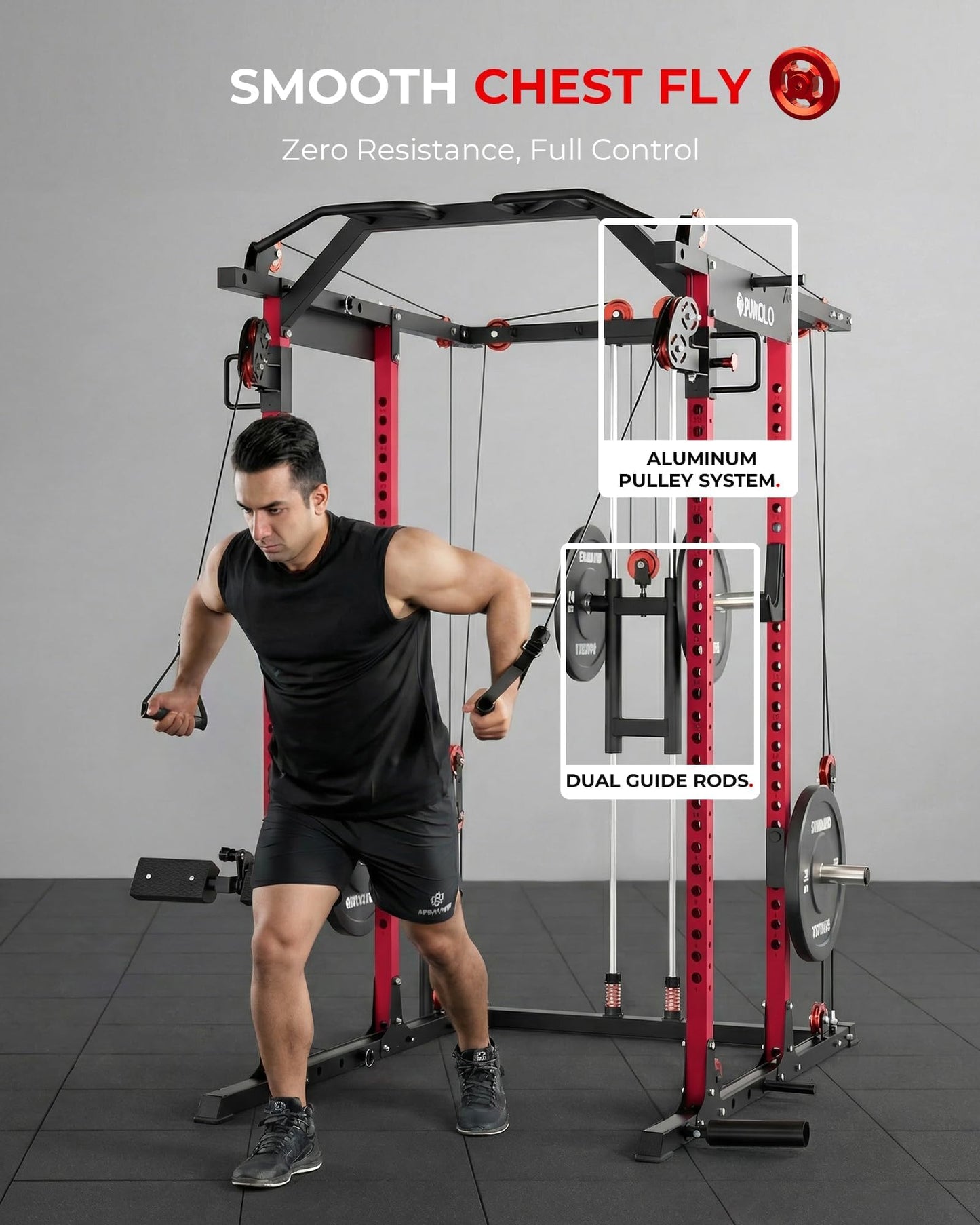 Mikolo K6 2.0 Power Cage, Power Rack with Cable Crossover System, 2000LBS Squat Rack with LAT Pull Down System, Functional Trainer with Aluminum Pulley System for Home Gym, Red