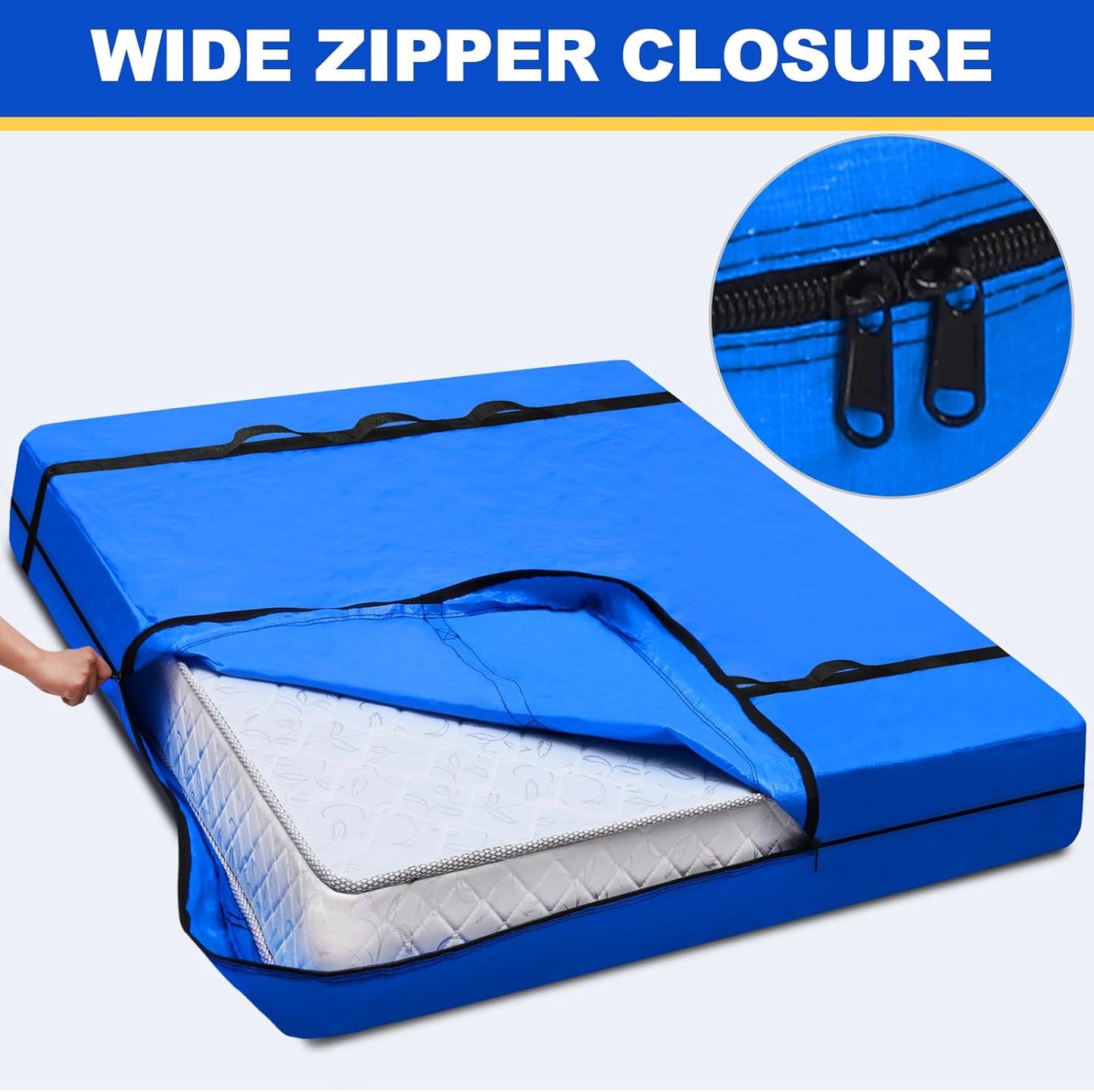 TICONN King Mattress Bag - Heavy Duty Storage Cover with Full-Around Handle & Adjustable Buckles | Blue