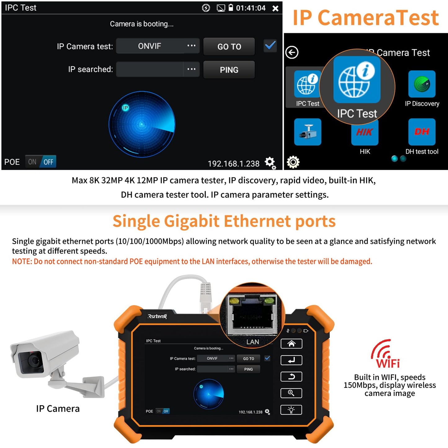 Rsrteng CCTV Tester,IPC-1910C Plus with Cable Tracer 8MP AHD CVI TVI CVBS IP Camera Test 8K HD Display Video Monitor 4 inch IPS Touch Screen IPC Tester Support POE PTZ RS485 Replace 1800ADH