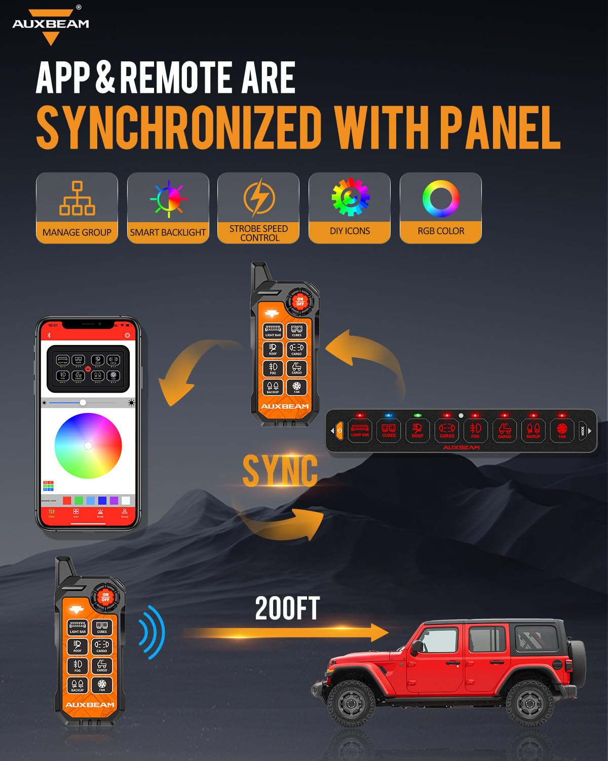 Auxbeam 8 Gang Slim Switch Panel Bluetooth RGB AS-800 with APP&Remote Control Toggle Momentary Pulsed 80A Switch Pod Off Backlight for 12-24V Truck Offroad UTV ATV Car Marine, 3 Years Warranty
