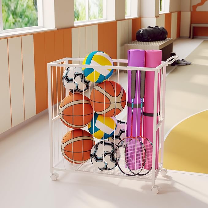 Ball Storage Bin Rolling Sports Ball Cart, Metal Garage Organizer Sport Rack, Ball Basket Storage, Ball Cage for Garage or Gym, Indoor & Outdoor Sports Equipment Organizer white