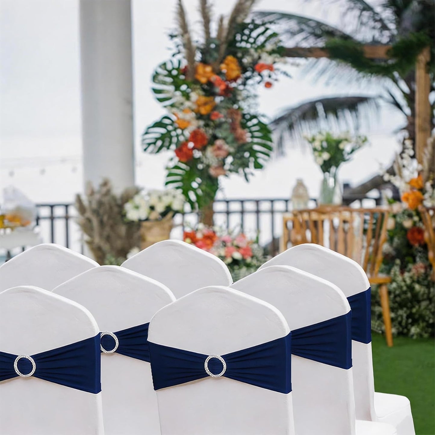 Skiennix Navy Blue Chair Sashes - 100 Pack Spandex Chair Bands with Buckles for Weddings & Events