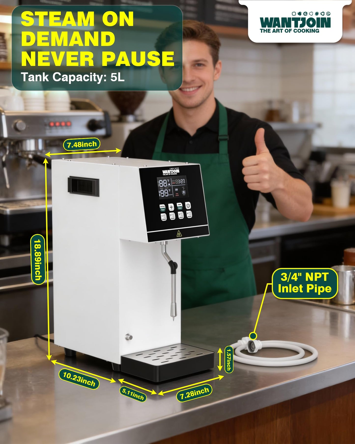 WantJoin Commercial Milk Frother - 2000W Milk Steamer for Latte Cappuccino Coffee, Beverage Heater with Hot Water Dispenser & LED Display, Hotel Use (White)