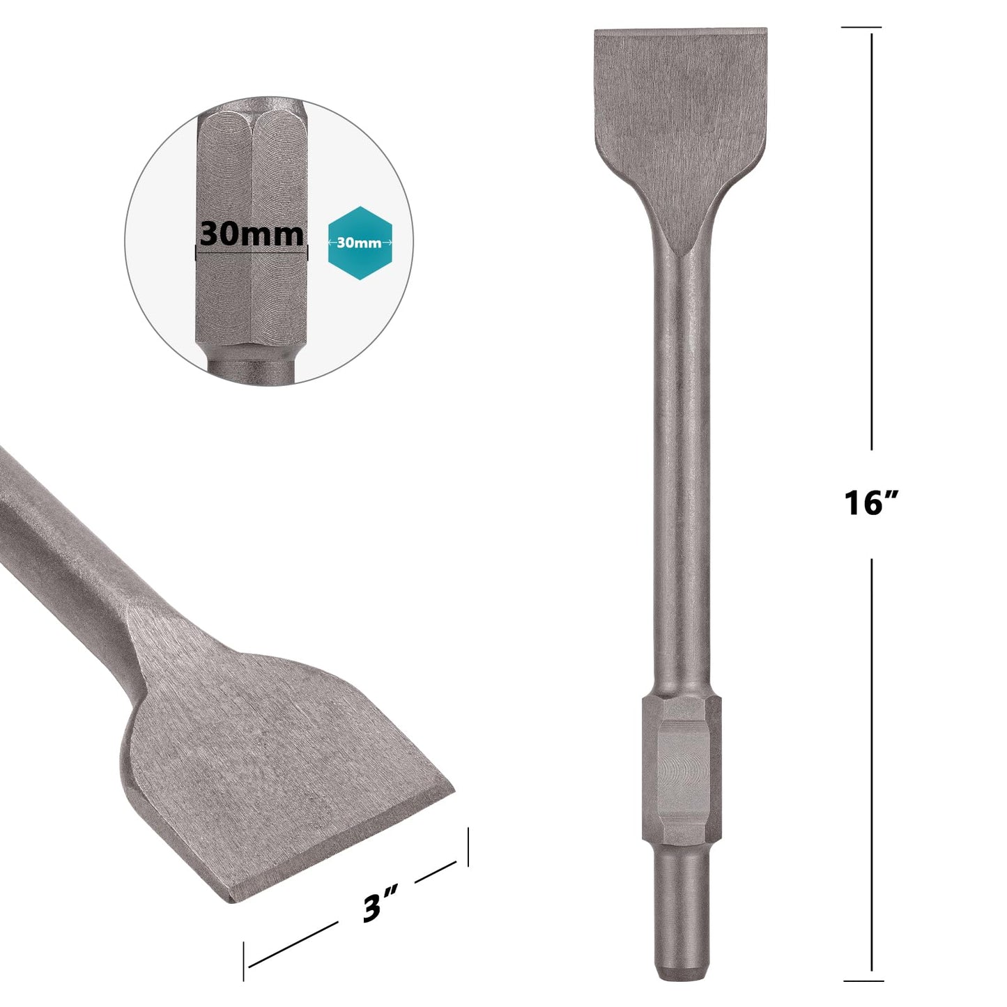 Berserker 30-Pound Demolition Jack Hammer with 1-3/16" Hex Scaling Chisel, 3 x 16 In. Steel Scraping Chisel Tile Removal Bit