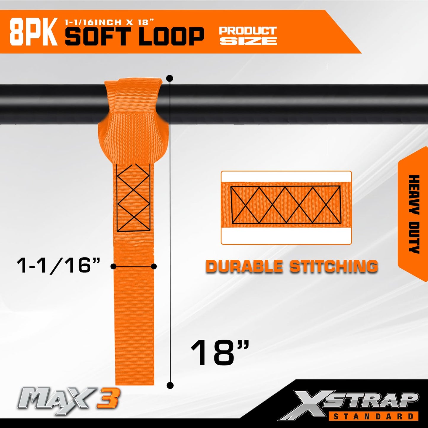 XSTRAP STANDARD Soft Loop Tie-Down Straps 8PK 1-1/16 x 18 inches - 3600LB Breaking Strength, Loops for Securing Trailering of Bikes, ATV, UTV, Motorcycles, Scooters, Dirt Bikes, Lawn Equipment, Orange