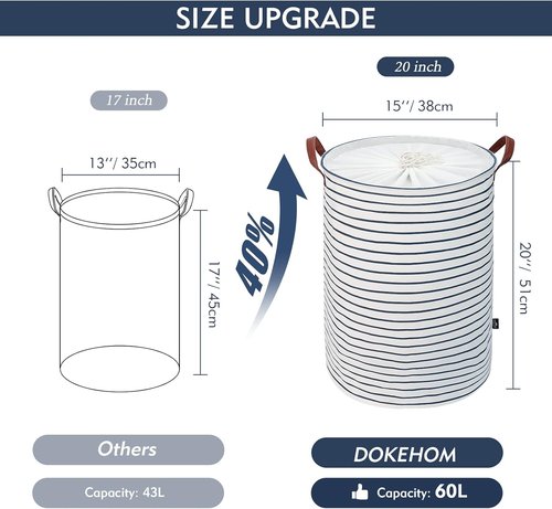 DOKEHOM Laundry Basket - 20-Inch Freestanding Hamper with Lid & Drawstring - Large Blue Stripe Design
